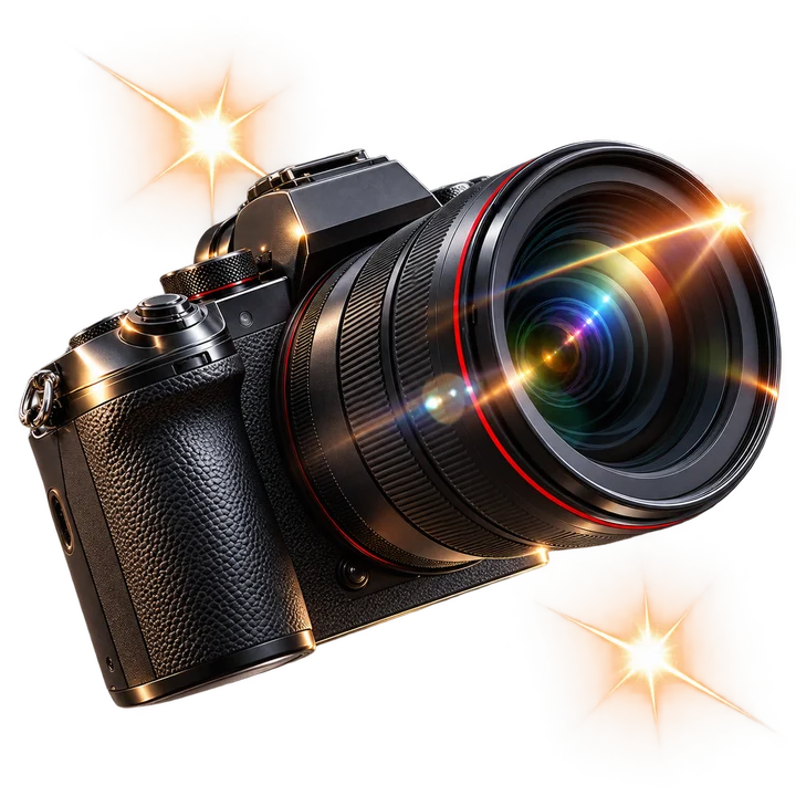 Professional camera with floating photo and flash details