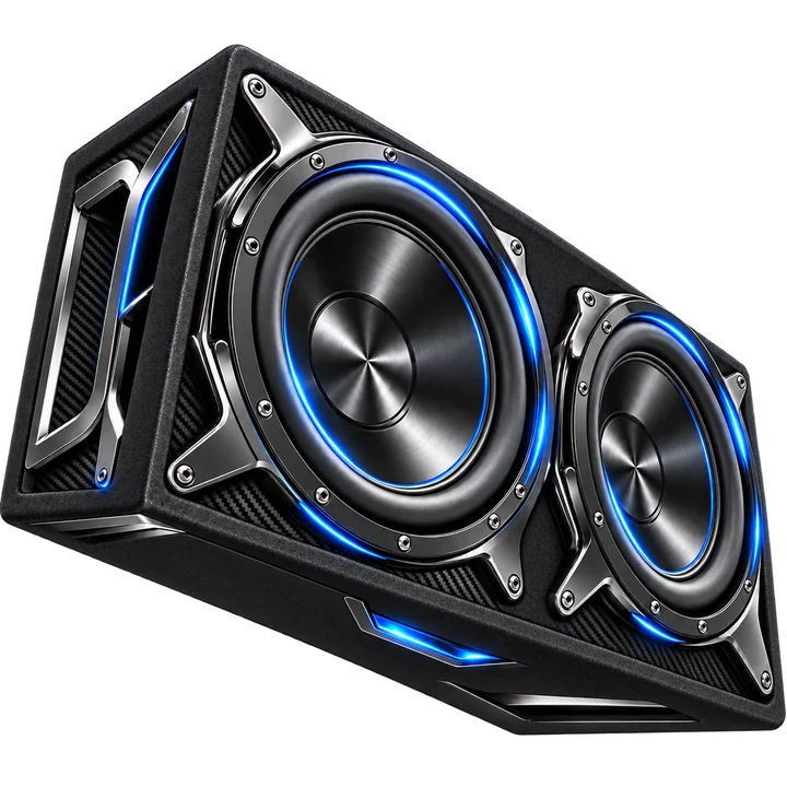 Dual subwoofer enclosure with independent floating audio accents